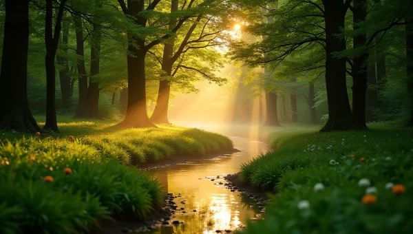 Lush Green Trees By Winding Creek At Golden Hour