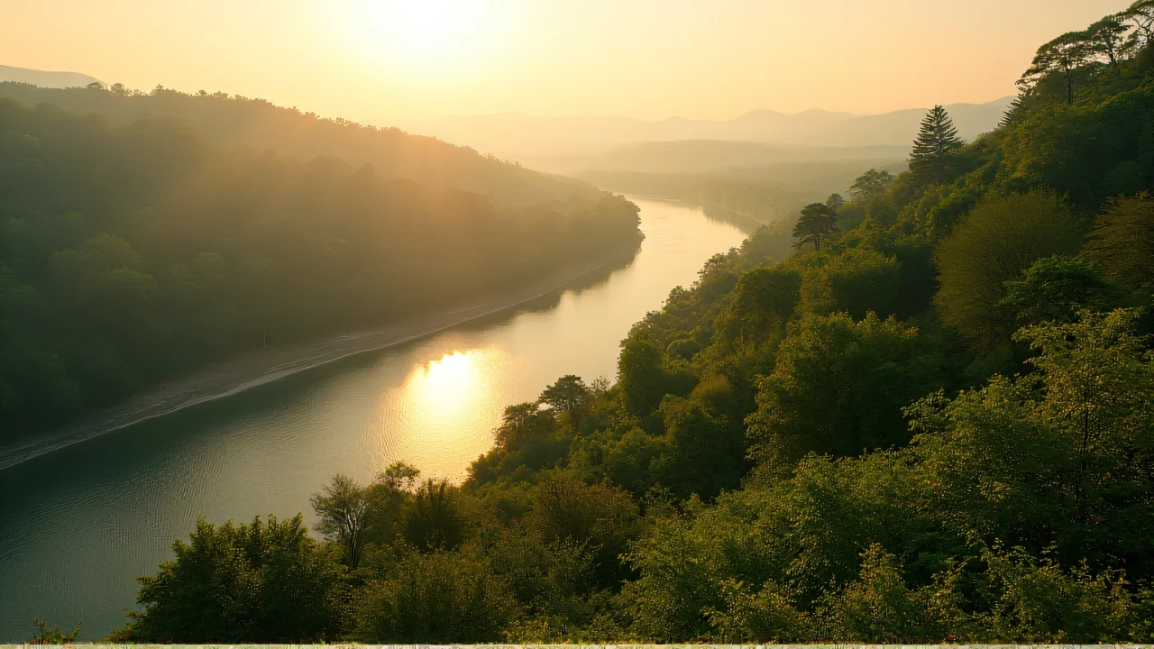 Wide-angle view of green trees along a winding river during golden hour with misty hills in the background.
