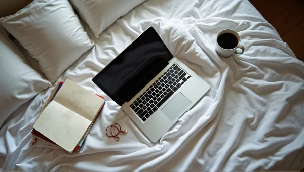 MacBook On Bed With Notebooks And Coffee Mug