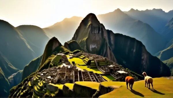 Machu Picchu Aerial Sunrise Llamas Terraces View