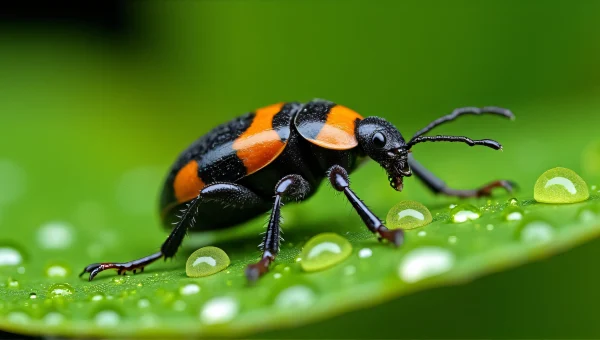 Macro Beetle Close-Up on Dewy Green Leaf