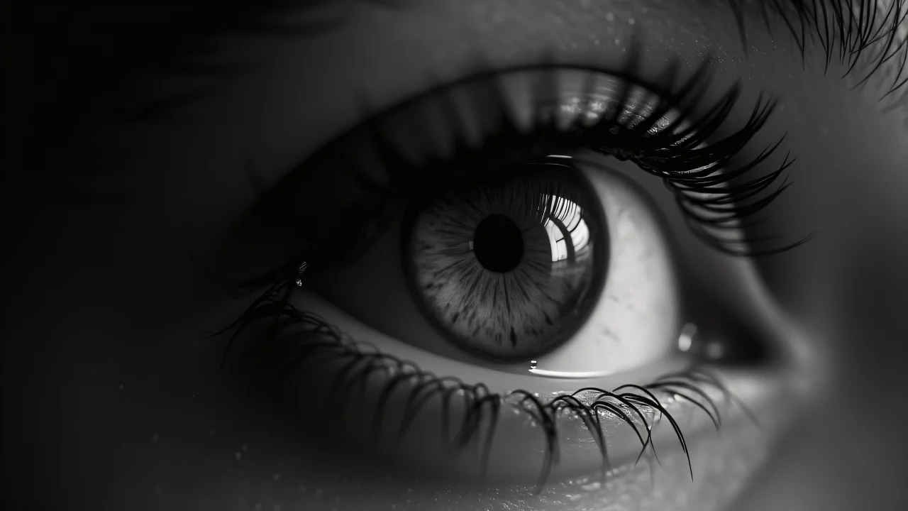 A grayscale macro close-up of a human eye with visible details.