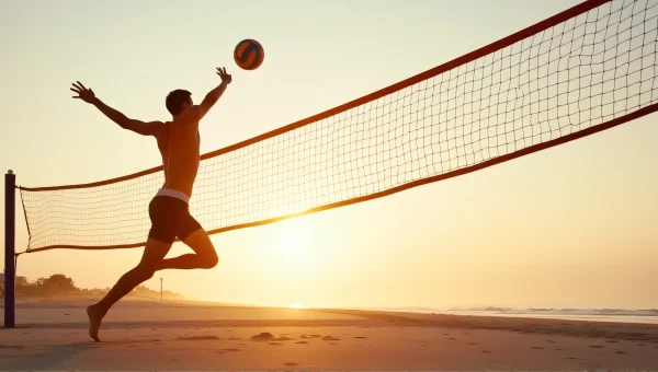 Male Athlete Spiking Volleyball on Beach Sunset