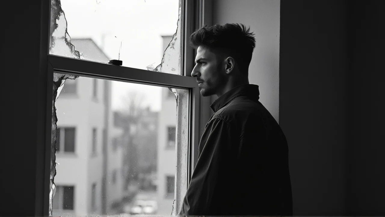 Grayscale portrait of a male model by a broken window with soft sidelighting.