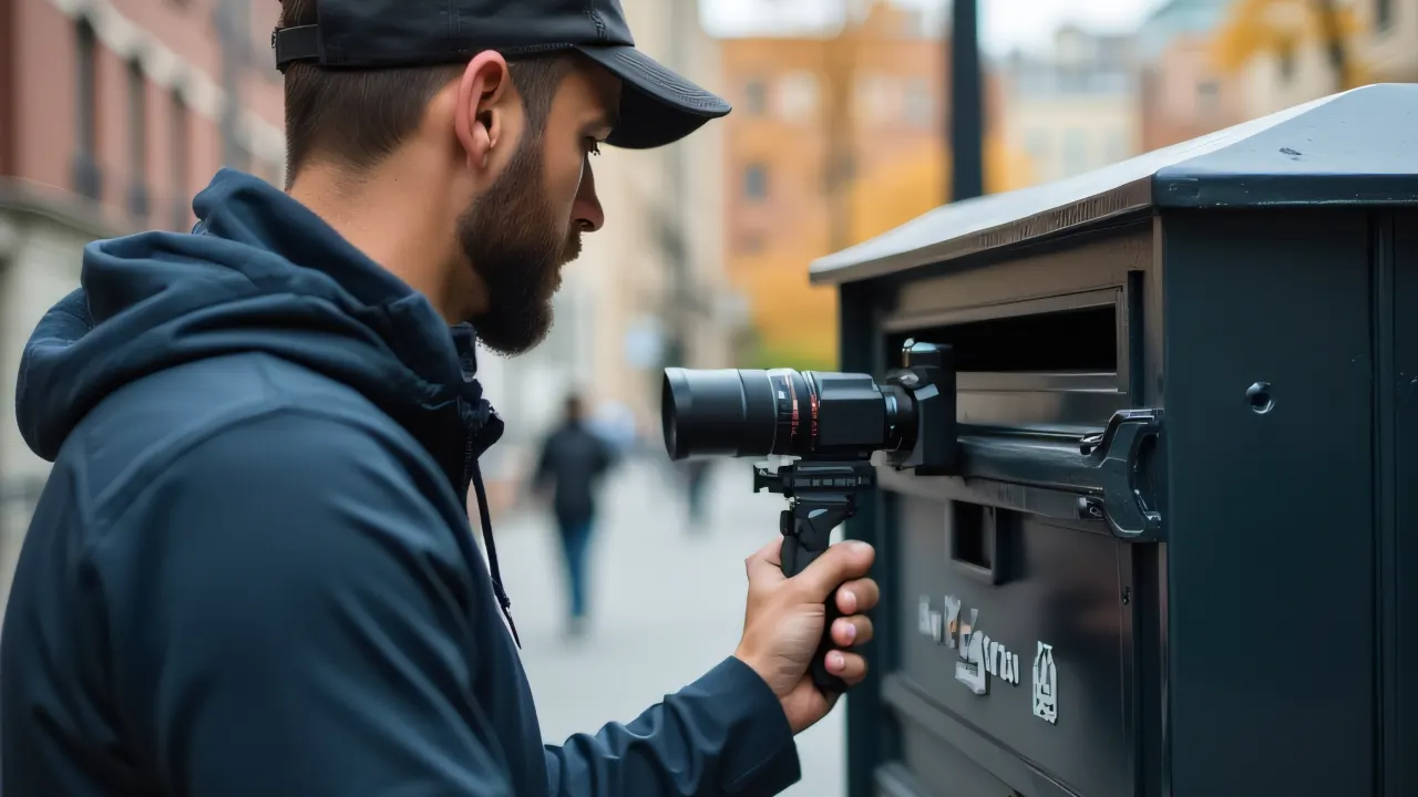 A man adjusts a postal box while speaking to a camera on an urban sidewalk.