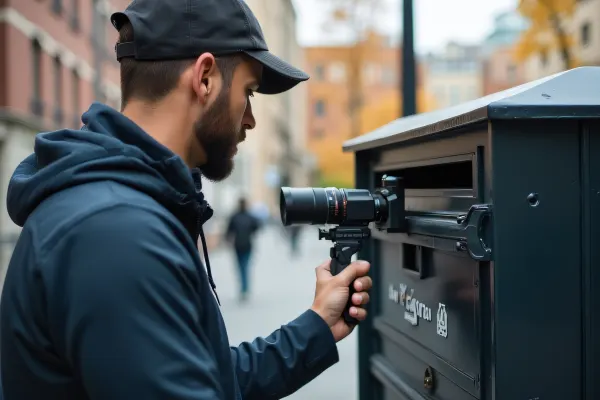 Man Adjusting Postal Box Talking to Camera