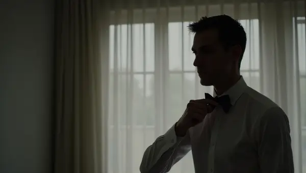 Man Adjusting Silk Bowtie Near Window