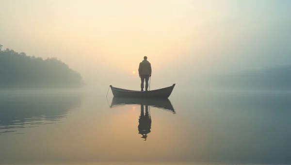 Man Alone on Wooden Boat in Misty Lake Dawn