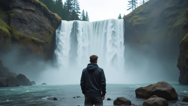 Man At Waterfall With Cascading Nature Flow
