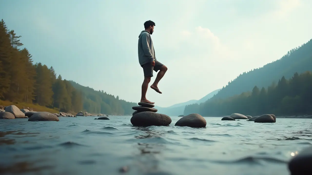 A man in a motionless pose balances on stacked river stones by a tranquil river.