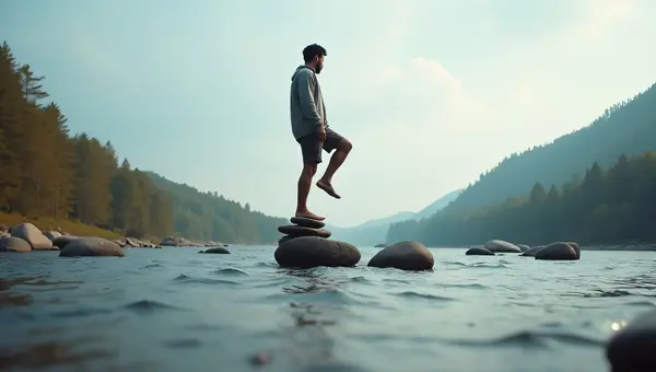 Man Balancing on Stacked River Stones Outdoors