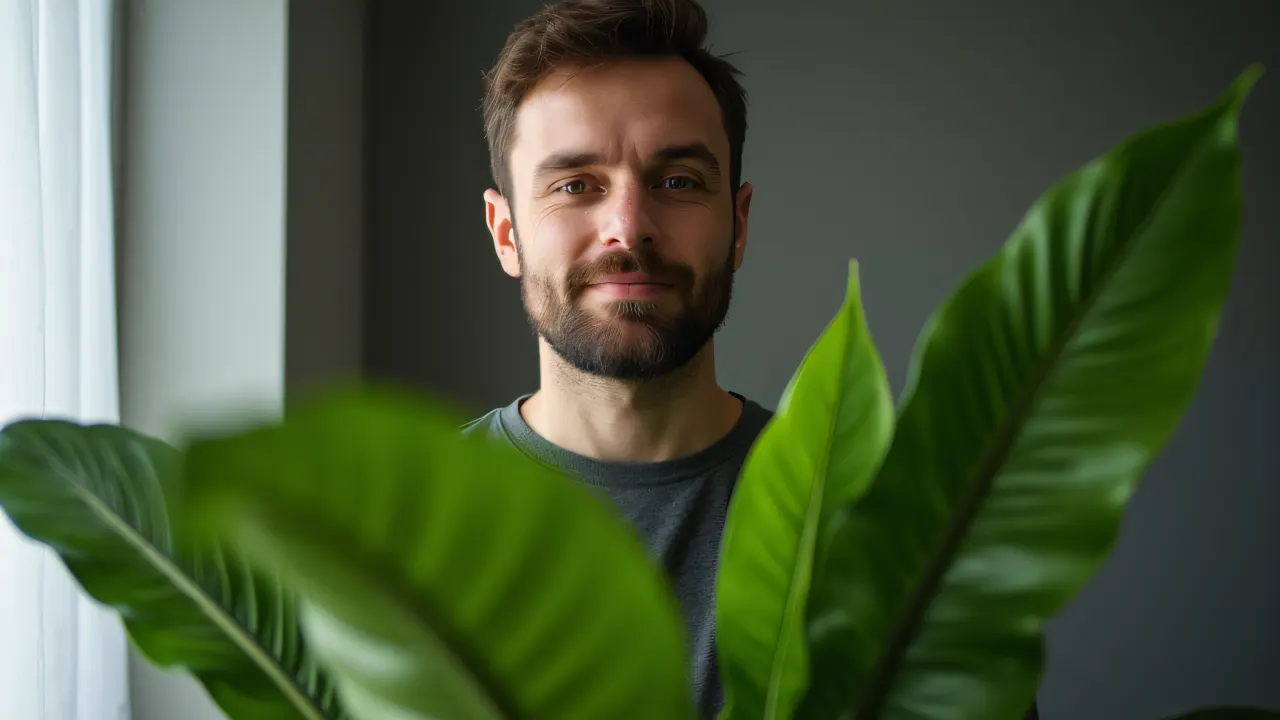 A man stands casually behind a large green houseplant in soft natural light.