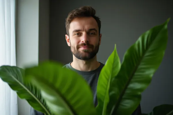 Man Behind Large Green Houseplant Indoor Setting