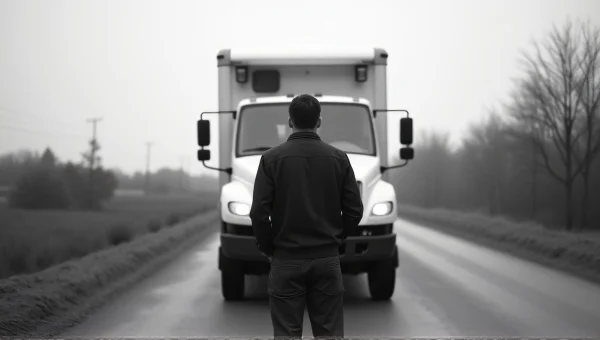 Man Behind Utility Truck Grayscale image