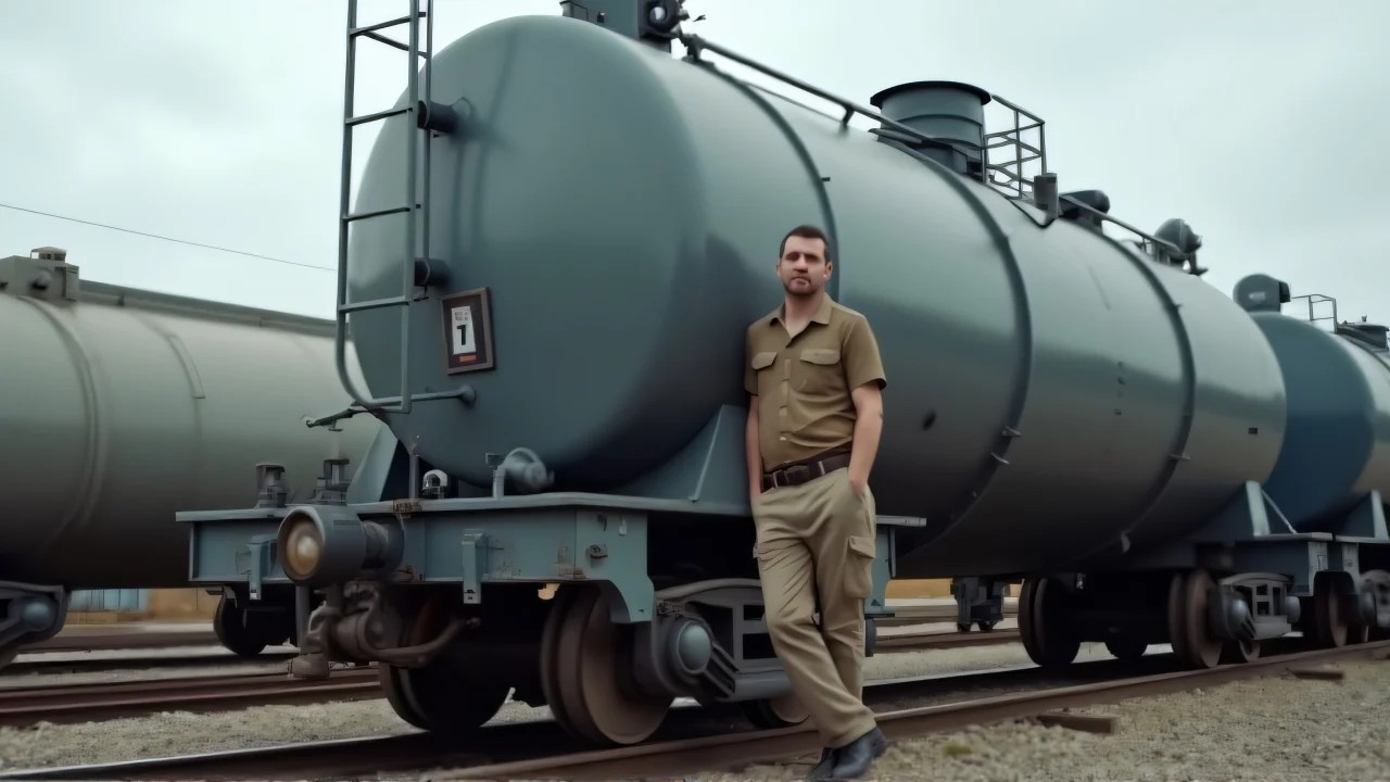 A man poses next to a grey tank car in an industrial rail yard under overcast skies.
