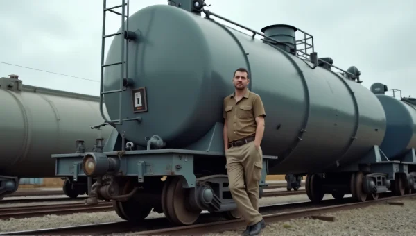 Man Beside Grey Tank Car in Industrial Yard