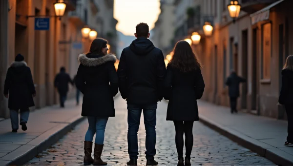 Man Between Two Women On Cobblestone Street