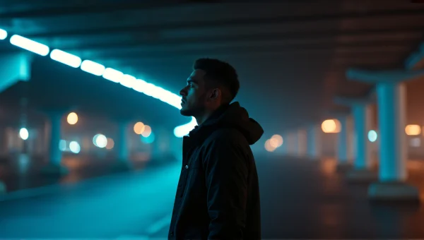Man in Black Jacket Under Neon Overpass at Night