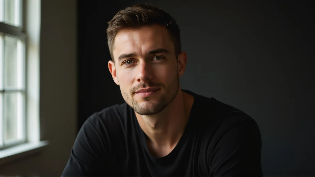 Portrait of a man in a black shirt with natural light from the left.