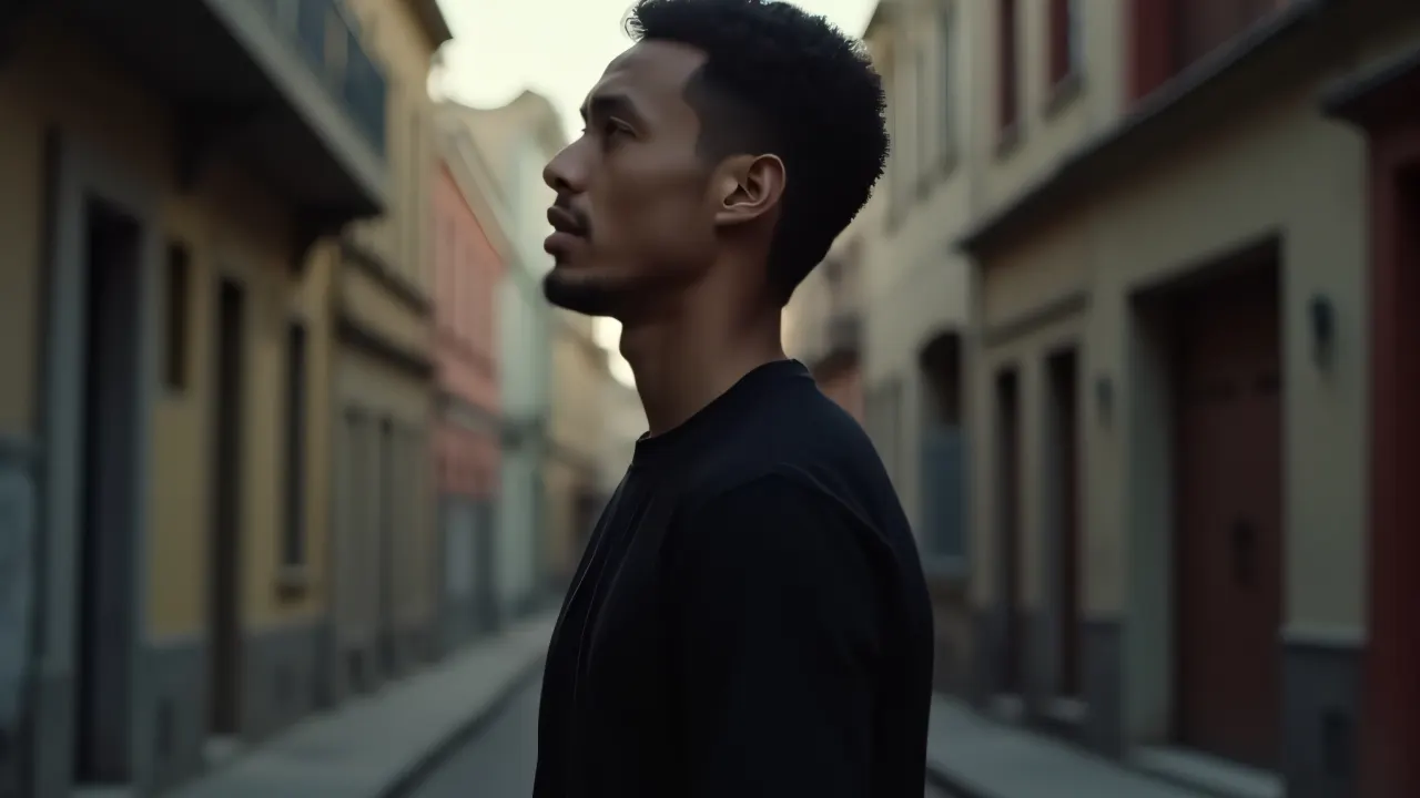 A man in a black shirt poses in an urban alley with soft light and subtle wind.