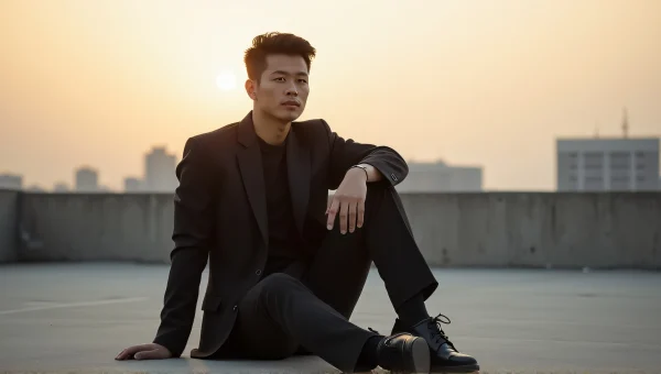 Man In Black Suit Posing On Rooftop At Golden Hour