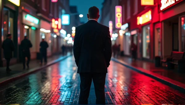 Man In Black Suit On Wet Cobblestone Street