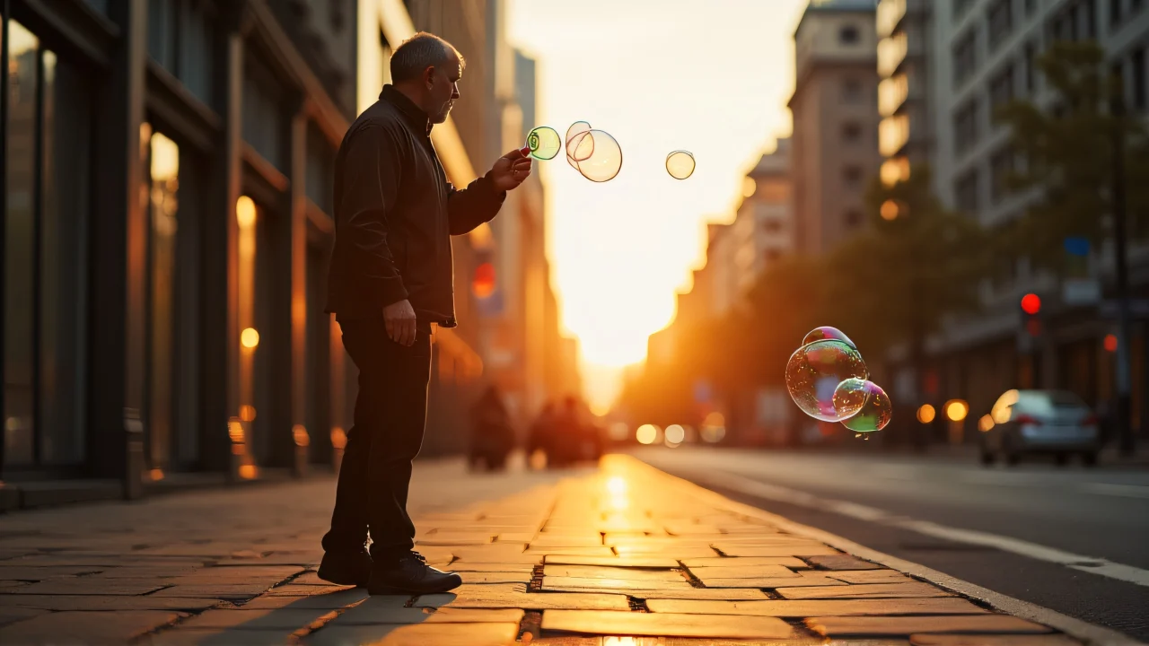 A man blows translucent bubbles into the evening air on a cracked sidewalk.