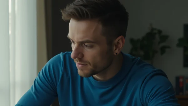 Man In Blue Shirt Looking Down Soft Natural Light