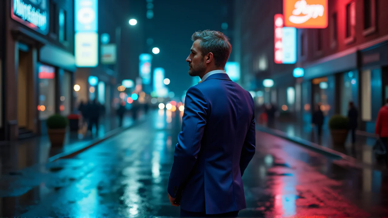A man in a blue suit stands on a rainy city sidewalk at night, surrounded by neon reflections.
