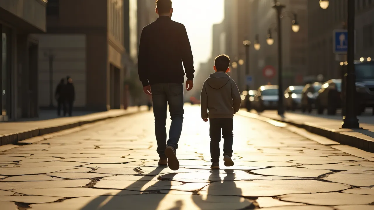 A man and a boy walk on cracked urban pavement casting long shadows.