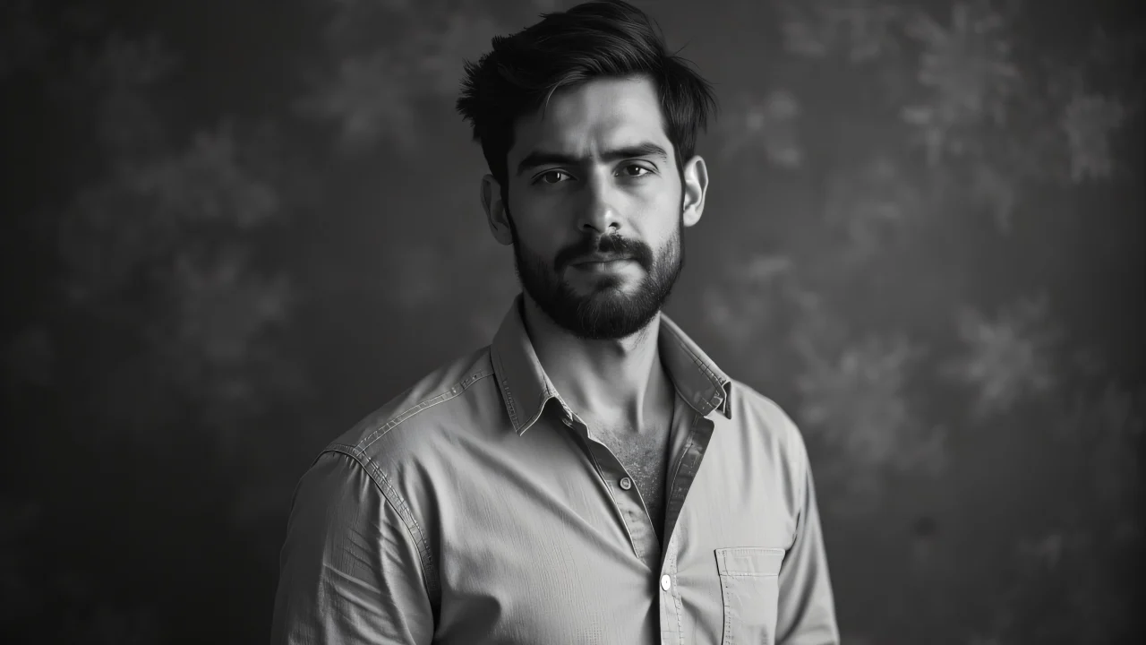Grayscale portrait of a man wearing a button-up shirt with soft side lighting and textured backdrop.