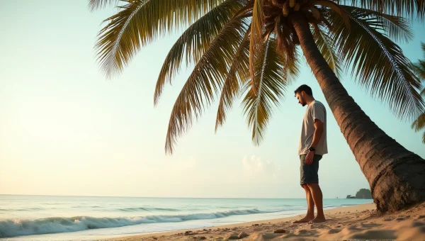 Man by Coconut Tree on Sandy Shoreline