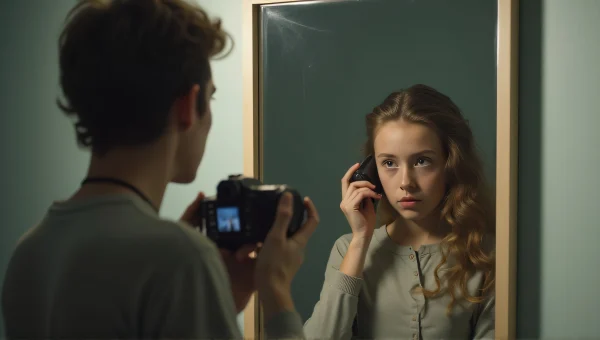 Man Capturing Girl Reflection in Studio Mirror