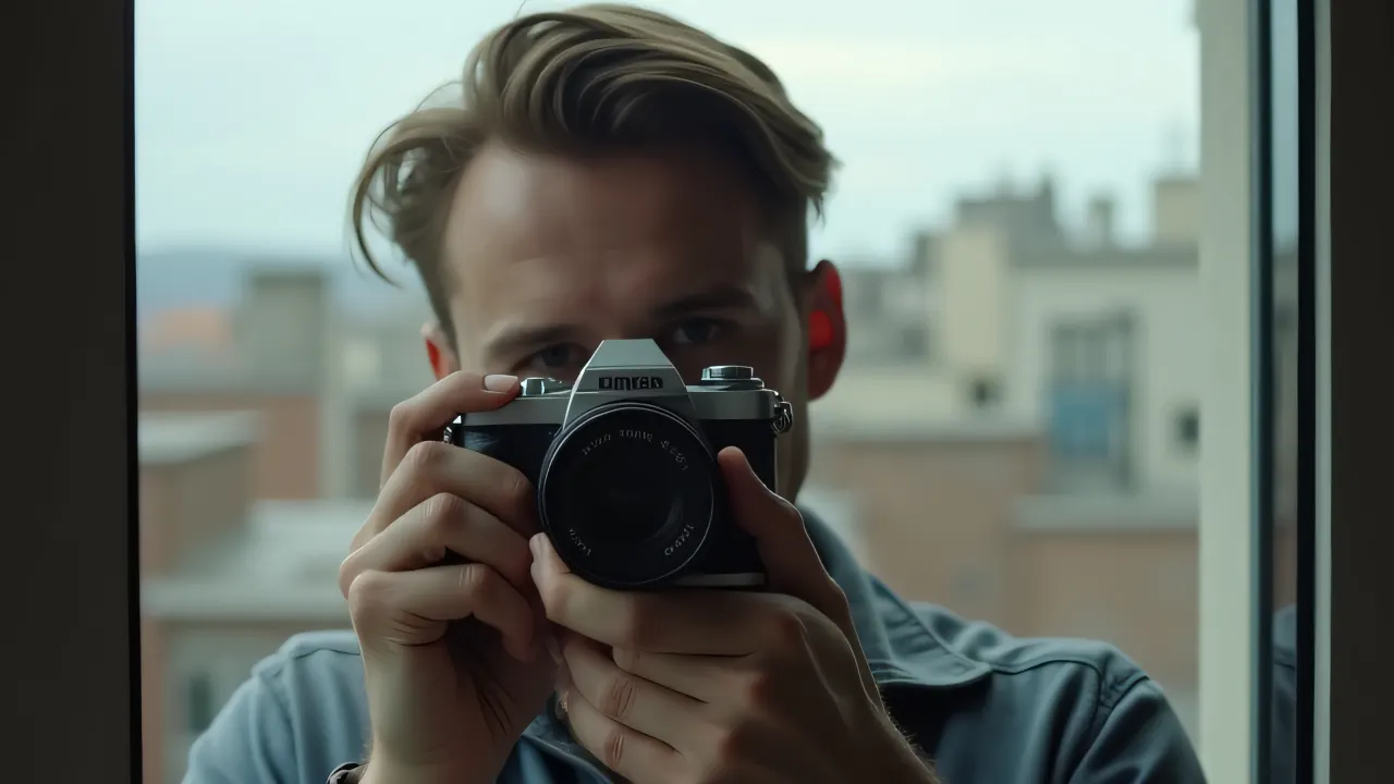 A man taking a photograph on an urban rooftop using a compact camera.