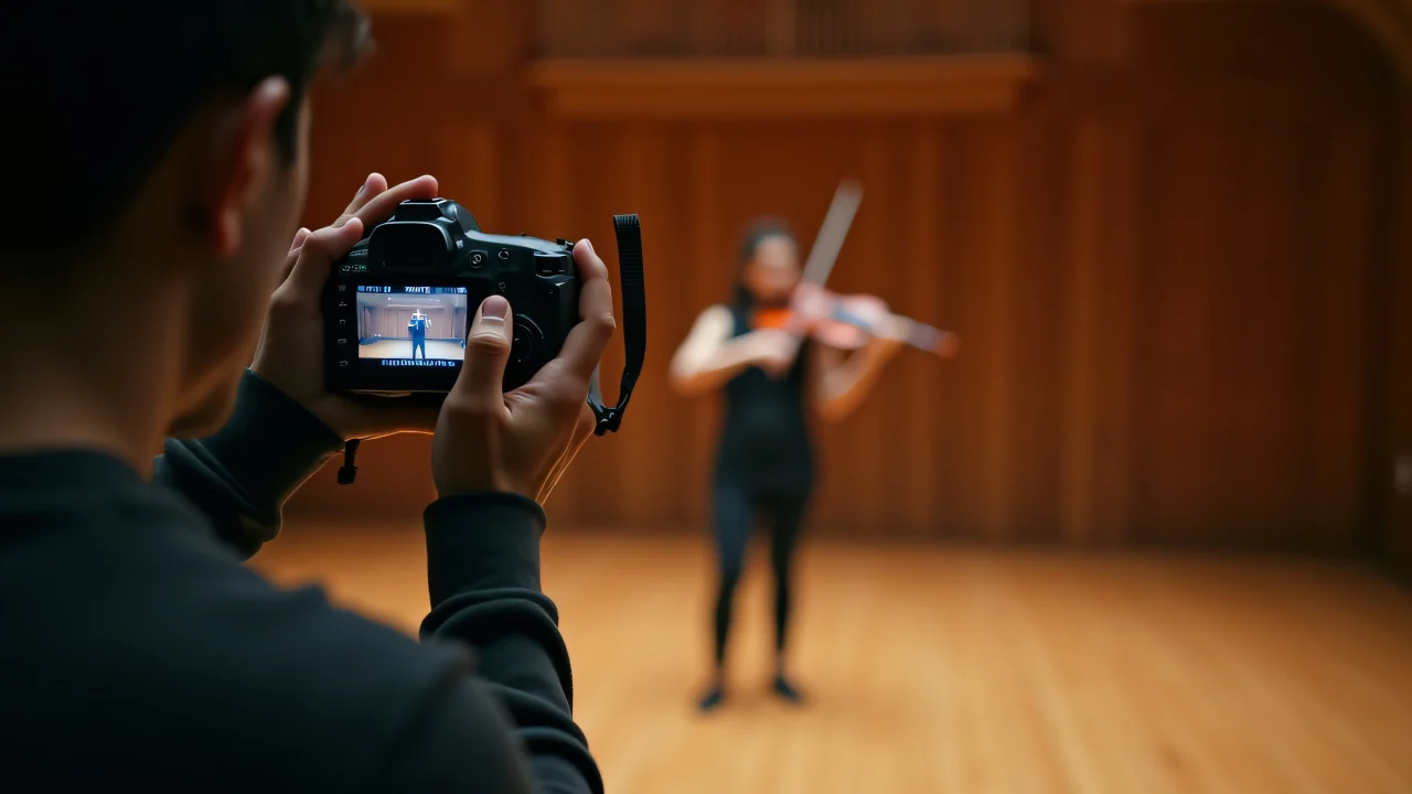 A man imagegraphs a woman playing violin under warm light.