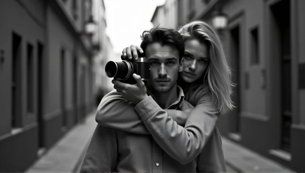 Man Carries Woman in Alley With Vintage Camera