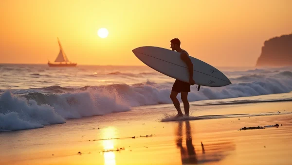 Man Carrying Surfboard at Golden Hour Shoreline