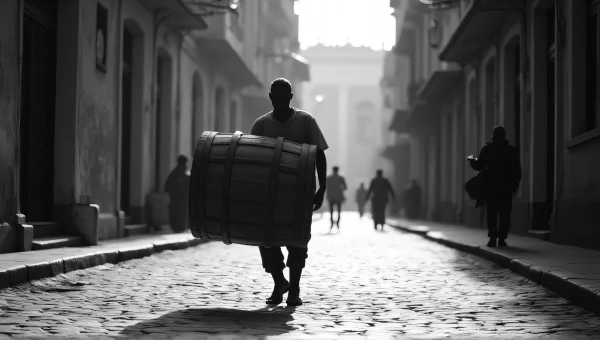 Man Carrying Wooden Barrel on Cobblestone Street