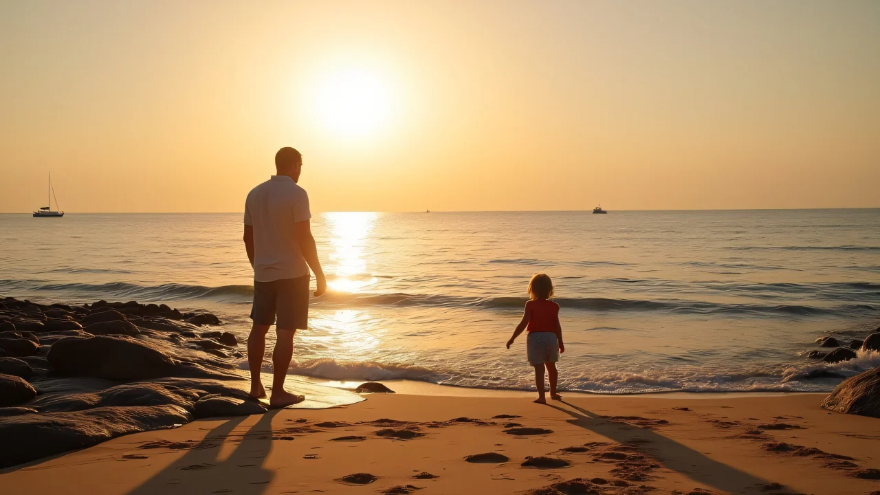 A man and child stand on a rocky shoreline at sunset, facing the calm sea with a distant sailboat.