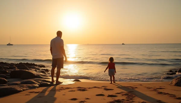 Man And Child On Rocky Shoreline At Golden Hour