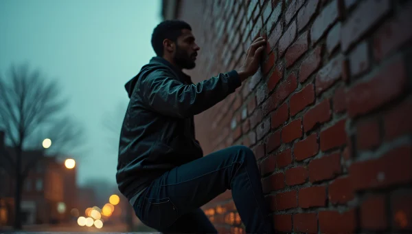 Man Climbing Brick Wall At Dusk Urban Scene