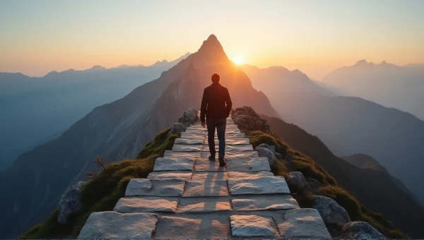 Man Climbing Stone Staircase Toward Mountain Peak