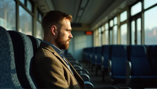 Man in Commuter Train with Linear Shadows