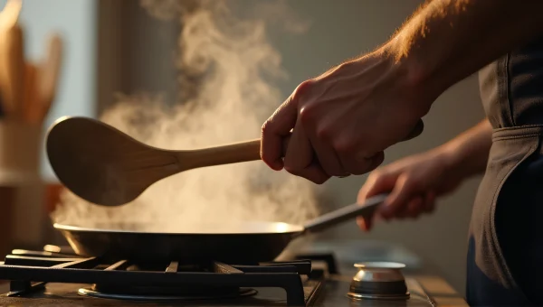 Man Cooking with Wooden Spatula in Kitchen Steam