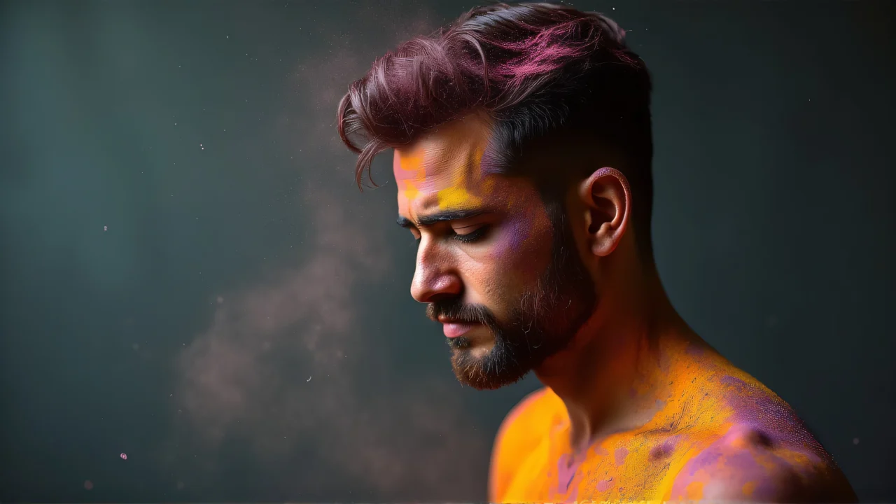 Portrait of a man looking down, covered in colorful powder with particles in the air.