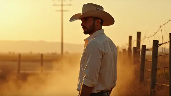 Man in Cowboy Hat by Dusty Fence at Golden Hour