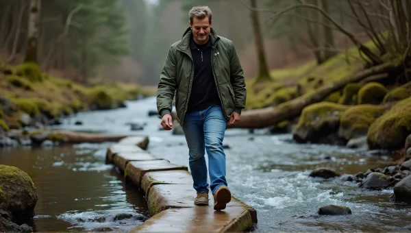 Man Crossing Log Footbridge Over Shallow Creek