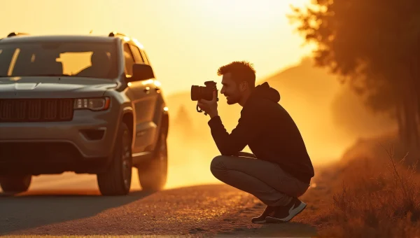 Man Crouched with Camera by SUV on Gravel Road