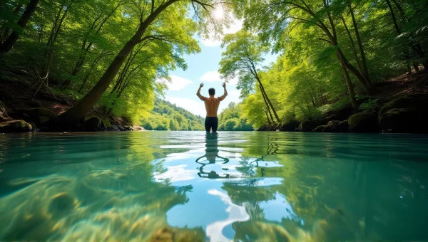 Man Diving Into Clear Water Under Trees