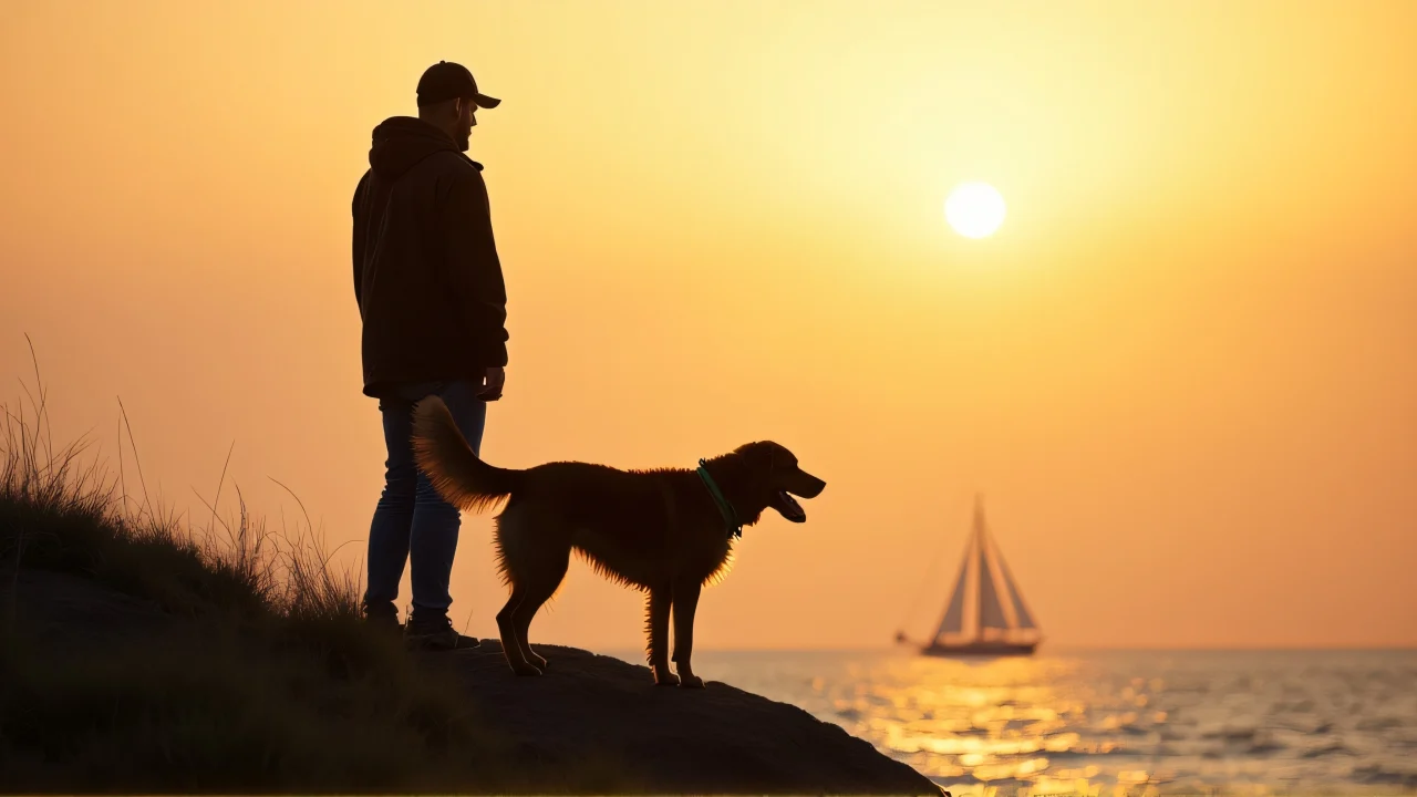 A man and his dog stand together on a coastal cliff during sunset, with wind ruffling their clothing and fur.